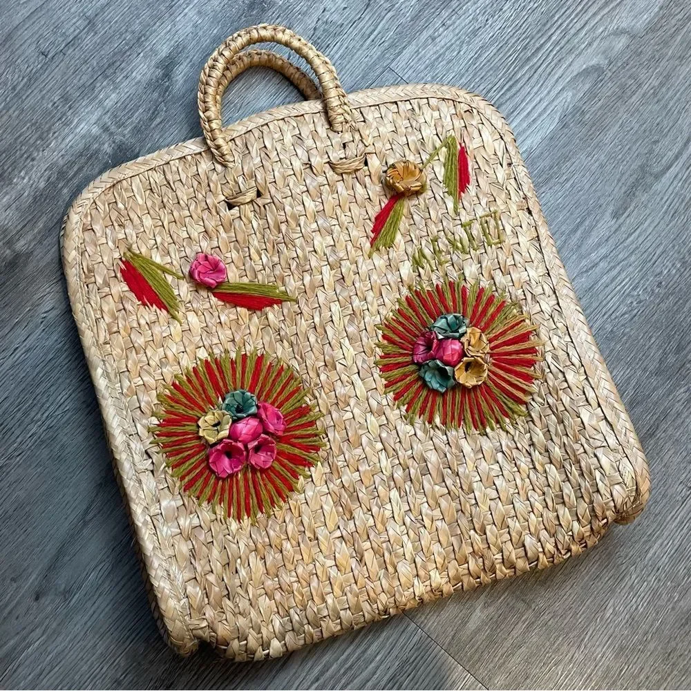 VINTAGE Hand Woven Straw México Floral Large Beach Tote Bag - Picture 1 of 10